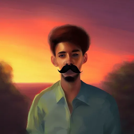 Prompt: young man with a mustache, beautiful sunset, high definition, concept art, digital painting, art by Tran and Ross