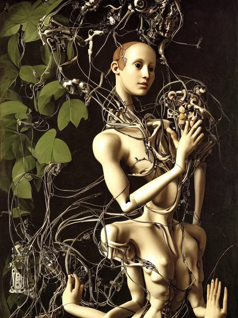 Image similar to portrait of a beautiful female android robot holding a realistic anatomical heart in her hands and crying, there are wires coming from her heart, tangled and entwined with her long flowing hair, mecha, biopunk, white xenomorph, bones, surrounded by tropical plants, black background, painting by Raphael, by Caravaggio