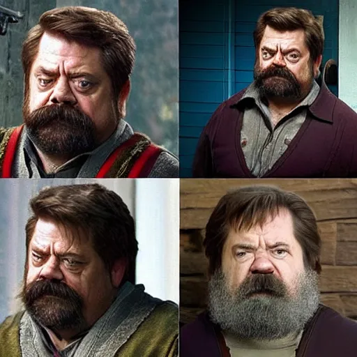 Prompt: ron swanson is a dwarven cleric trying to pick the lock of a wooden door in the side of a warehouse. he is frustrated.