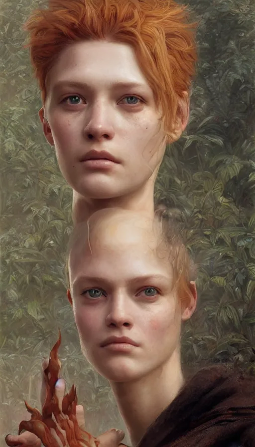Prompt: epic masterpiece portrait firestarter, sweaty skin, hyperrealistic, octane render, cinematic, beautiful face and flawless skin, perfect hands, 5 fingers, by Edgar Maxence and Ross Tran and Michael Whelan, Legends of Runeterra