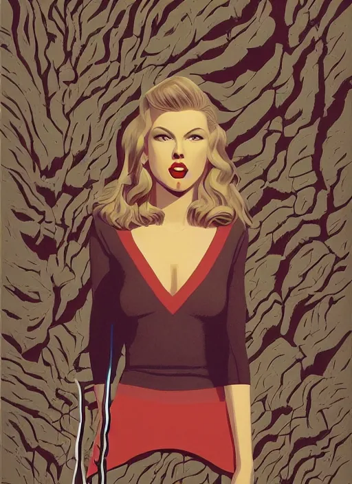 Image similar to Twin Peaks poster artwork by Michael Whelan and Tomer Hanuka, Karol Bak of portrait of Taylor Swift the local cheerleader, from scene from Twin Peaks, clean, simple illustration, nostalgic, domestic