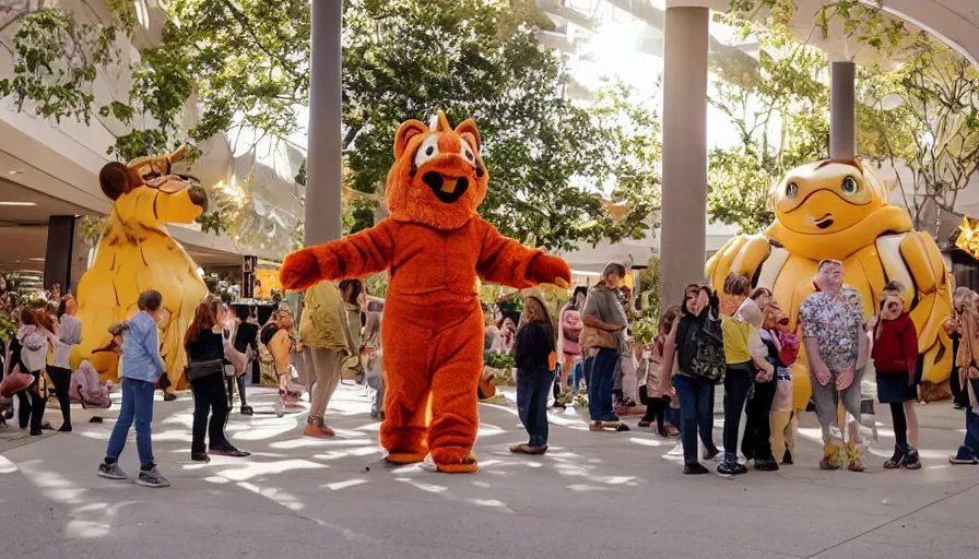 Prompt: 1990s candid photo of a beautiful day at the mall, cinematic lighting, cinematic look, golden hour, large nature costumed mascot people giving presentations to families, Enormous personified nature people with outstandingly happy faces coming out of a portal and talking to families, UHD