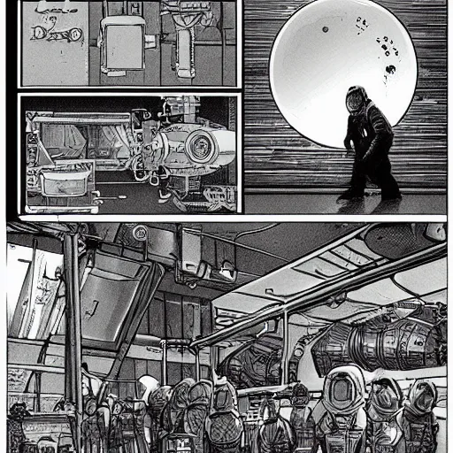 Prompt: asian space merchant in their shop, Industrial Scifi, detailed illustration, character design, by Martin Grip and Moebius