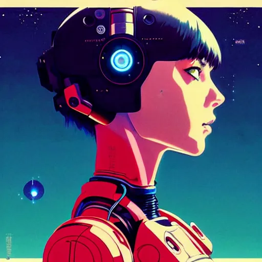 Image similar to side portrait scifi cyborg girl with robotic parts and spacesuit | | head only in center of image, audrey plaza, fine detail!! anime!! realistic shaded lighting!! poster by ilya kuvshinov katsuhiro otomo ghost - in - the - shell, magali villeneuve, artgerm, jeremy lipkin and michael garmash and rob rey