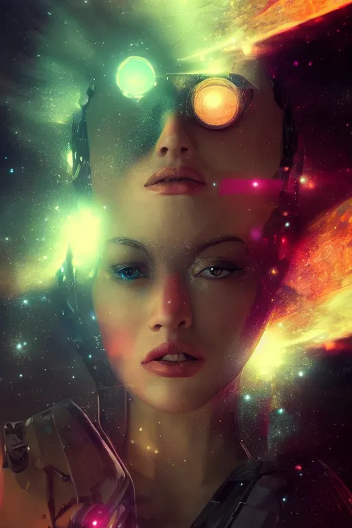 Image similar to portrait woman cyborg floating in space letting go of reality and experiencing the quantum feild, matte painting comic book art, cinematic, highly detailed, realistic, beautiful cosmic neural network, octane render, unreal engine, depth of field, trending on artstation, sharp focus, philosophical splashes of colors