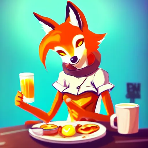 Image similar to a cute anthropomorphic maned wolf girl having a bacon and eggs breakfast at the quiet and cheery local place. league of legends splash art