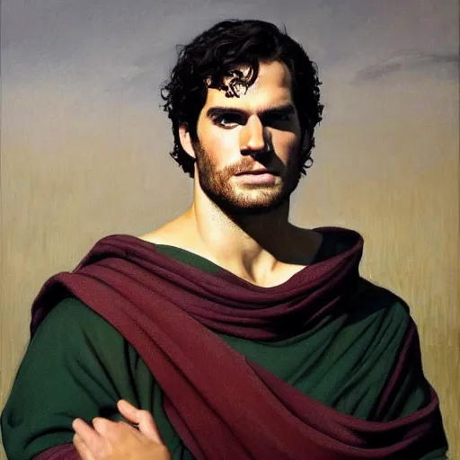 Prompt: Oil painting of the handsome Henry Cavill, he is wearing ancient greek cloths, naturalism, dramatic lighting, high-detailed oil painting by Ilya Repin, Michelangelo da Caravaggio, William Blake, Alex Grey and Beksinski, trending on Artsatio, masterpiece, 4k, 8k,