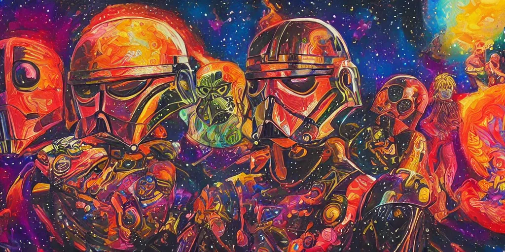 Prompt: high detailed psychedelic painting of star wars the movie in the cosmos