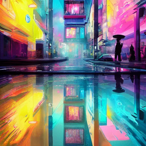 Image similar to digital art, strong emotional impact, bold pastel colors, spring day, expressive brushstrokes, puddles, an art deco streetscape lined with beautiful flowers, by liam wong and tyler edlin, trending on artstation