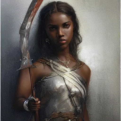 Image similar to artstation concept of a beautiful girl holding a sword in both hands, brown skin, face, silver garment, shiny colorful, hyperdetailed, artstation trending, world renowned artists, worth1000.com, historic artworks society, antique renewel, cgsociety, by greg rutkowski, by Gustave Dore, Deviantart