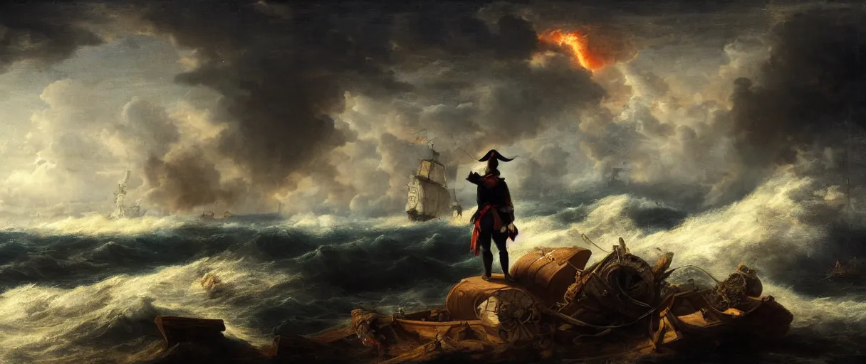 Image similar to a pirate standing on his ship, watching big explosions on the wild sea, dramatic atmosphere