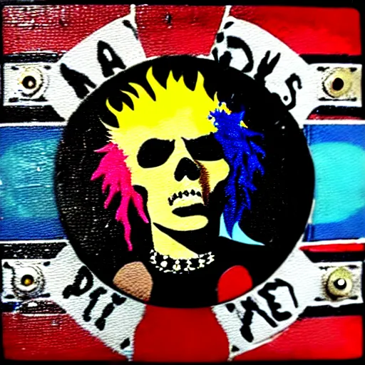 Prompt: painting on a badge!!!!, punks not dead!!!!, exploited!!, clash, junk yard, rats!!, god save the queen!!!, punk rock album cover art style!!, grunge!!, no future!!!!, glitch effect