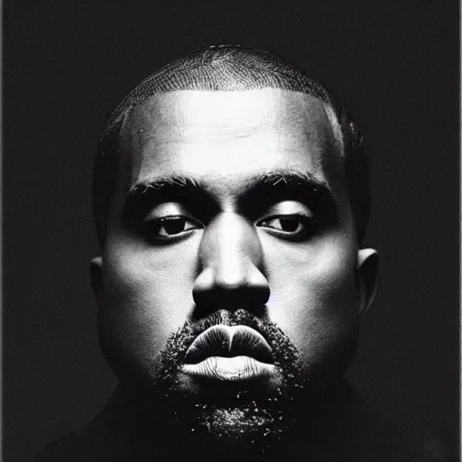 Image similar to a chiaroscuro lighting portrait of kanye west dressed as rick owens, black background, portrait by julia margaret cameron, shallow depth of field, 8 0 mm, f 1. 8