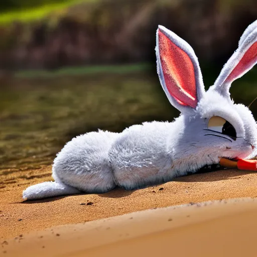 Image similar to Photo of Bugs Bunny laying on the beach, photography, HDR