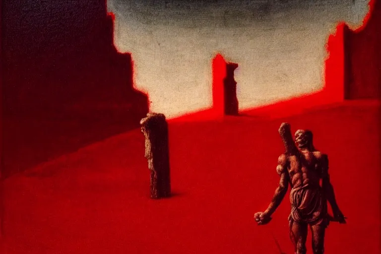 Image similar to only with red, caesar after war, a red tiger, in hoc signo vinces, rome in background, an ancient path, in the style of beksinski, part by hopper, part by rodcenko, part by hofbauer, intricate composition, red by caravaggio, insanely quality, highly detailed, masterpiece, red light, artstation