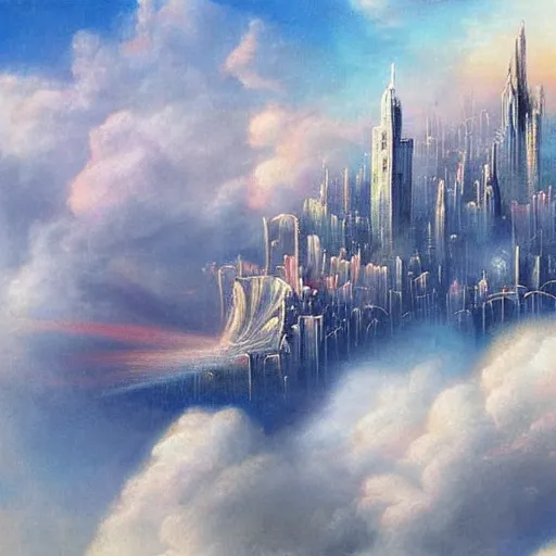 Image similar to flying city in the clouds, romanticism artwork