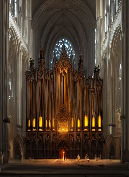 Image similar to pipe organ in a gothic cathedral witching hour, cinematic, heavenly, volumetric light highly detailed, digital painting, artstation, concept art, smooth, sharp focus, epic illustration, unreal engine 5, 8 k illustration by bouguereau and greg rutkowski and edgar maxence