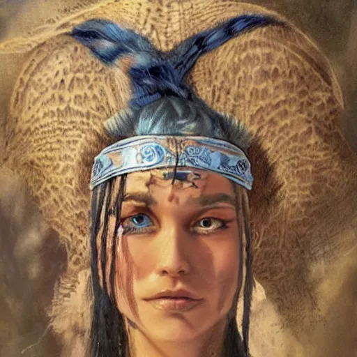 Image similar to A young blindfolded shaman woman with a decorated headband, in the style of heilung, blue hair dreadlocks and wood on her head., made by karol bak