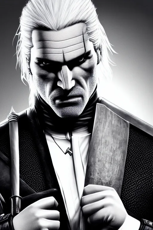 Image similar to full body portrait of geralt of rivia wearing a tuxedo, 5 5 mm lens, professional photograph, black and white, times magazine, serious