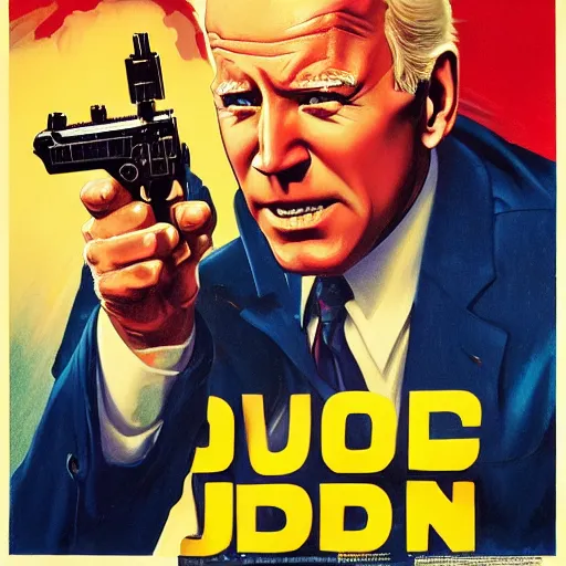 Image similar to propaganda poster of joe biden pointing gun directly at camera in james bond movie, closeup of gun, visible barrel and grip by j. c. leyendecker, bosch, lisa frank, jon mcnaughton, and beksinski