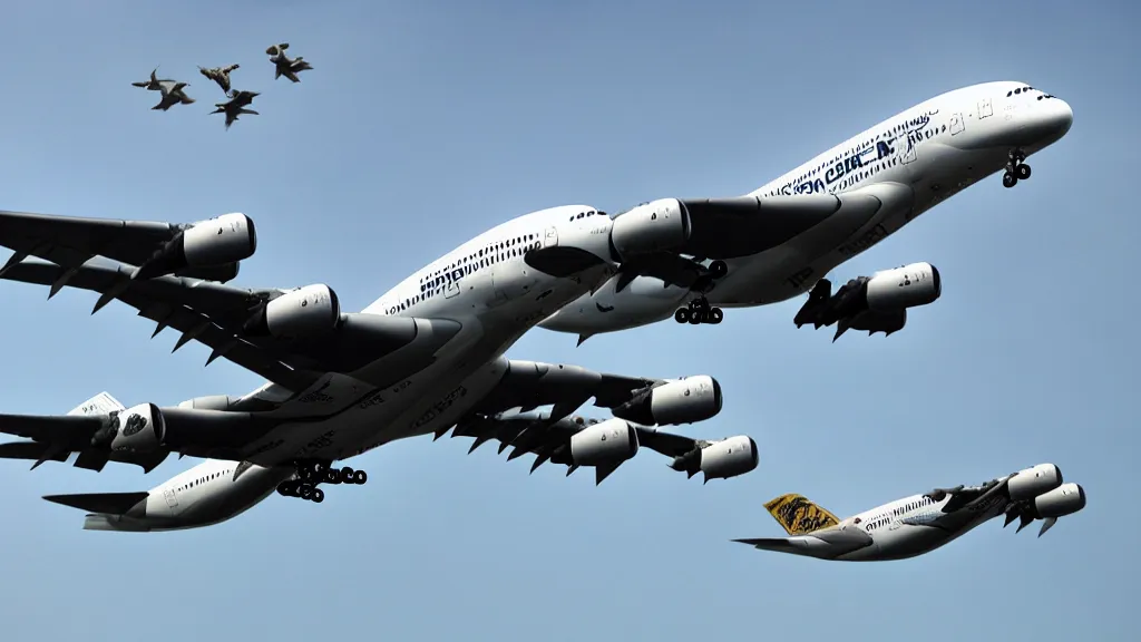 Prompt: flying griffons attacking a Airbus A380