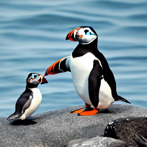 Prompt: puffin and a penguin sitting on a rock