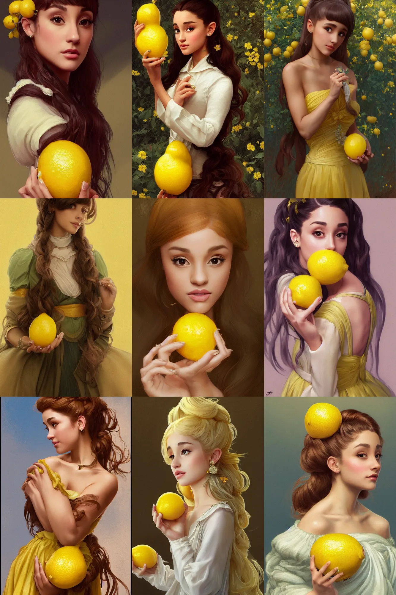 Prompt: beautiful cottagecore Ariana Grande holding a yellow lemon, intricate, elegant, highly detailed, digital painting, artstation, concept art, smooth, sharp, focus, illustration, art by artgerm and greg rutkowski and alphonse mucha