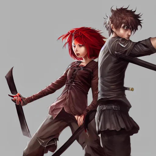 Image similar to a concept art of a boy and a girl with red hair holding a katana, gothic clothes, action shot, highly detailed, digital painting, artstation, concept art, smooth, sharp focus, illustration