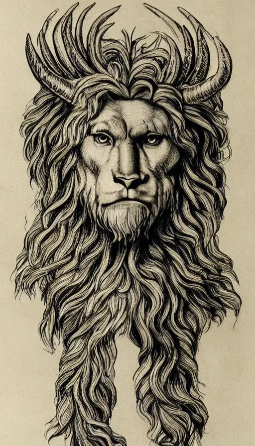 Image similar to human / eagle / lion / ox hybrid. horns, beak, mane, human body. drawn by da vinci