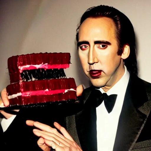 Prompt: nicholas cage holding a birthday cake, vampire's kiss