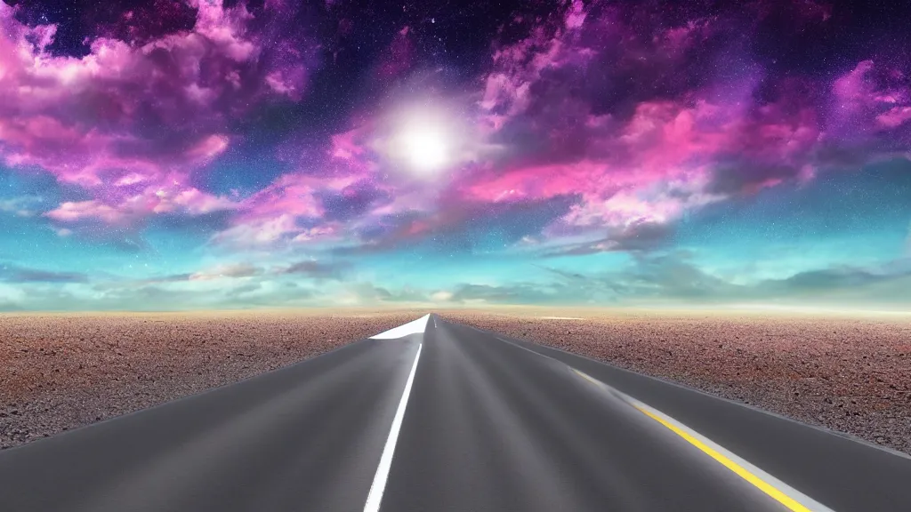 Image similar to a picture of a road in the middle of the purple desert. sky is very clear and blue. a planet is seen rising from the horizon. an ambient occlusion render, space art, terragen, sci - fi