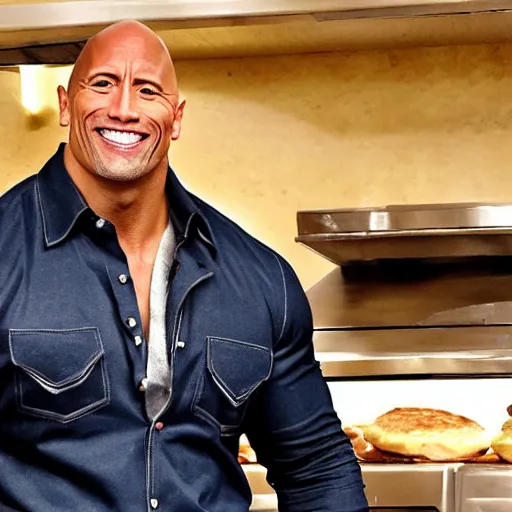 Prompt: Dwayne Johnson eating pancakes