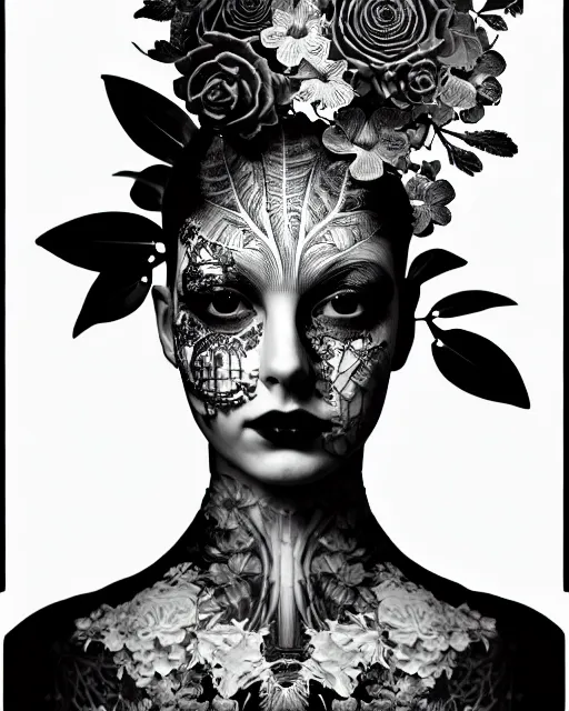 Image similar to black and white masterpiece profile portrait painting with no frame, dutch masters, silver lace floral steampunk biomechanical beautiful one techno eye young female cyborg, big monocular, volumetric light, leaves foliage and stems, hibiscus flowers, by dora maar, rim light, big gothic fashion pearl embroidered collar, 8 k