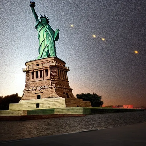 Image similar to an exploding Statue of Liberty in the style of NAOYA HATAKEYAMA, CAI GUO-QIANG, and LOS CARPINTEROS