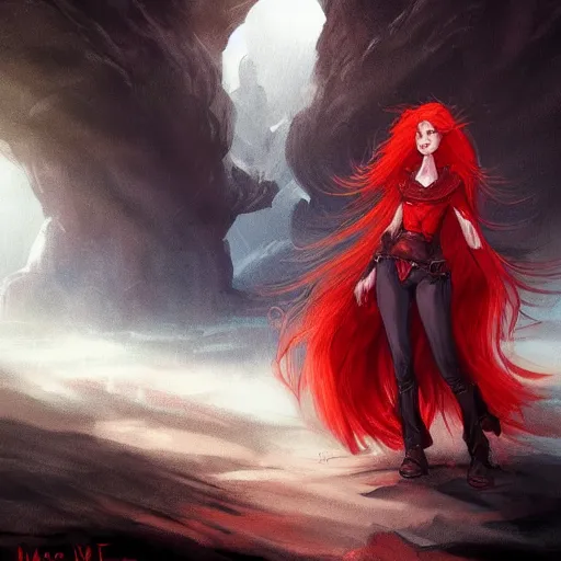 Image similar to a woman with red hair in a dark cave, concept art by Magali Villeneuve, deviantart contest winner, fantasy art, concept art, dark and mysterious, d&d