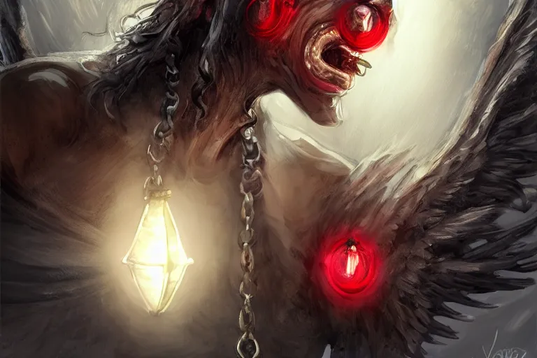 Prompt: lucifer, dark angel, red eyes, chain, handcuffs, large chain, wide open mouth, scream, sad, cruelty, sea bottom, light effect, hyper detailed, elegant, highly detailed, digital painting, artstation, concept art, matte, sharp focus, illustration, by dan mumford, yusuke murata, makoto shinkai, ross tran