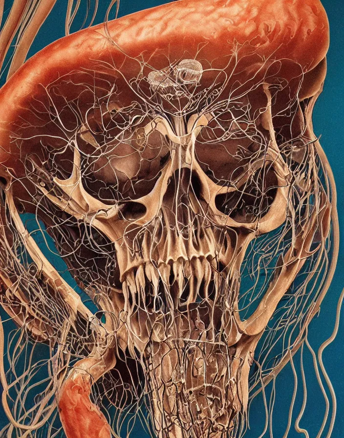 Prompt: an anatomical illustration of a jellyfish skull from a medical journal by Nychos and Alex Grey, highly detailed, high detail, 8k