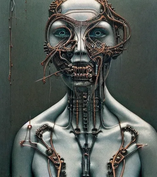 Prompt: portrait of woman connected to biomechanical machine by zdislaw beksinski, beautiful, masterpiece, award - winning, complex