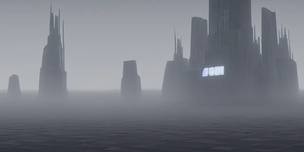 Image similar to a low poly object of a futuristic city, thick fog, elegant, moody, unreal engine