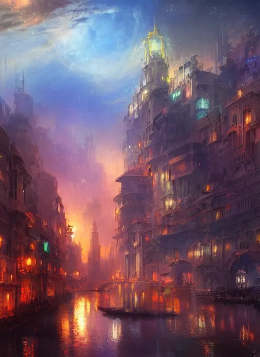 Image similar to ethereal starlit city of magic lost in time at sunset, art station, italian futurism, matte painting, johan grenier, hd, digital painting