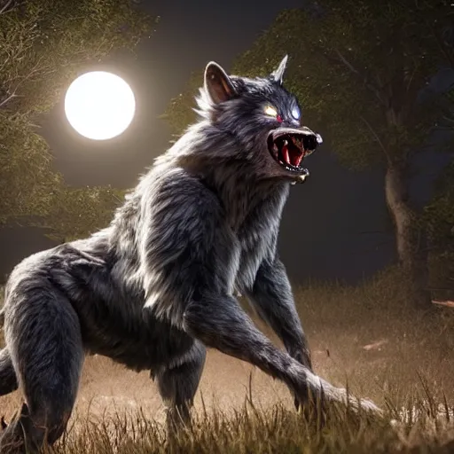 Image similar to young man transforming into a feral werewolf with a tail under the moon with black soft realistic fur, ultra detail, unreal engine, 8 k, ssao