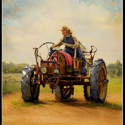 Image similar to ( ( ( ( ( the medieval king riding royal farm tractor, fully ornated with intricate gold and jewels. muted colors. ) ) ) ) ) high resolution, high quality, by jean - baptiste monge!!!!!!!!!!!!!!!!!!!!!!!!!!!