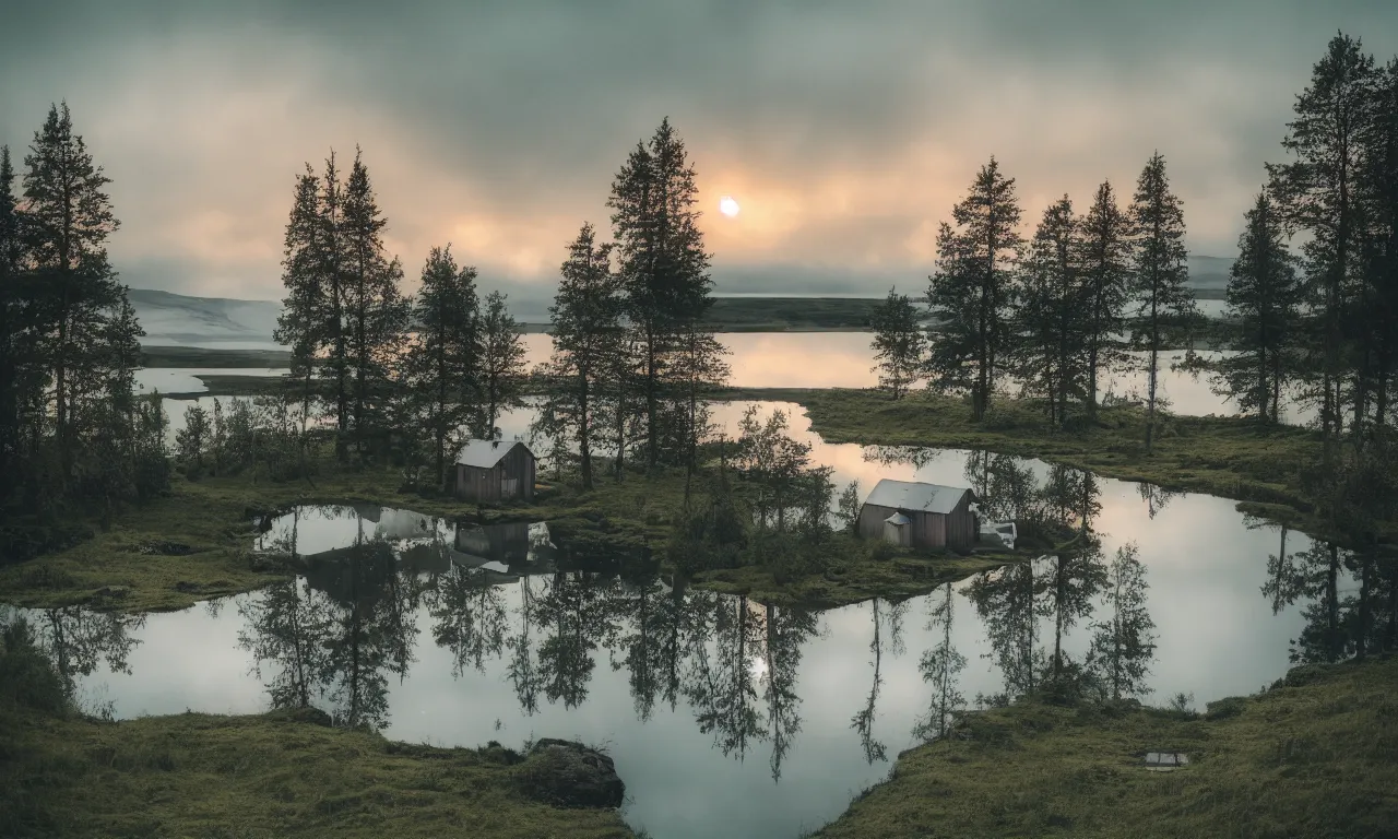 Prompt: a gorgeous moody dreamy landscape photograph of a cottage by the lake in icelandic country side, cinematic theme, reflective lake, pastel colored sunset, soft natural lighting, pine trees, artstation, photography, award - winning photograhy