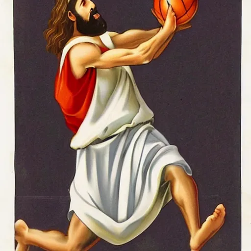 Image similar to Jesus wearing robes dunks a ball in a basketball court, hd