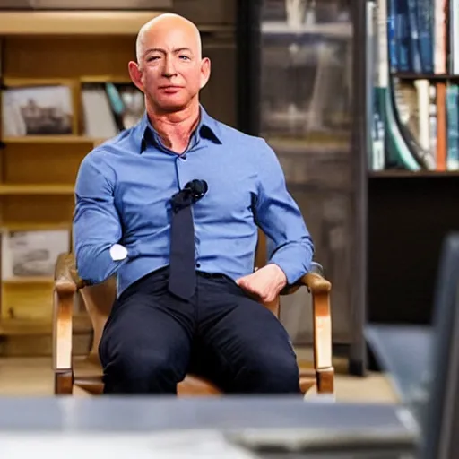 Image similar to jeff bezos sitting as professor charles xavier in xmen movie