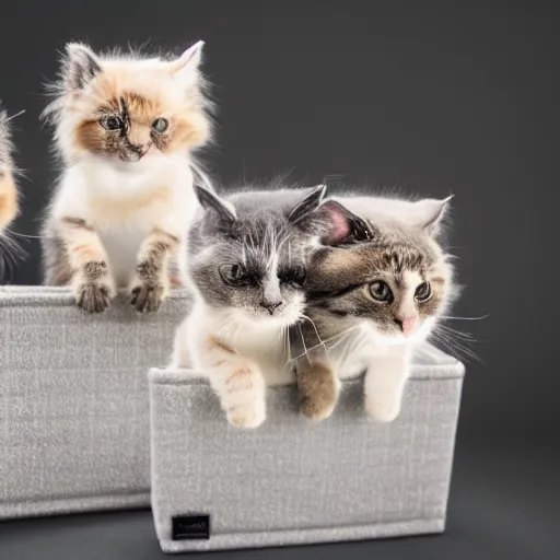 Prompt: a highly detailed photo of multiple furry cats, they are inside a big chanel bag, gray background, studio lighting, 4 k, 8 k