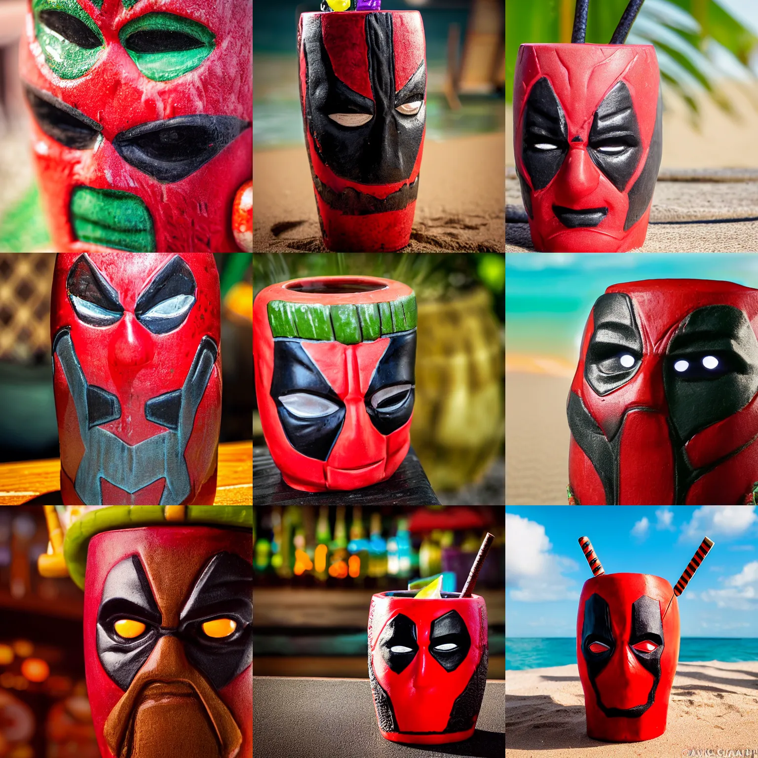 Image similar to a closeup photorealistic photograph of a deadpool style tiki mug sitting at a trader vic's beach bar featuring the face of deadpool. tiki party. bright scene. fine detail. this 4 k hd image is trending on artstation, featured on behance, well - rendered, extra crisp, features intricate detail, epic composition and the style of unreal engine.