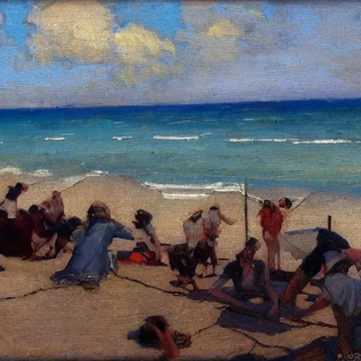 Prompt: beach, dean cornwell style,