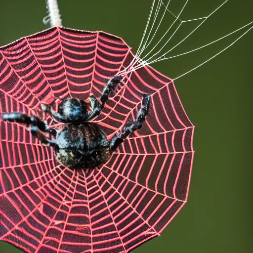 Prompt: a colorful spider hanging on its web. nature photography. macrophotography. NIKON D800E + 105mm f/2.8 @ 105mm, ISO 400, 1/1000, f/3.5