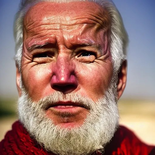 Image similar to portrait of president joe biden as afghan man, green eyes and red scarf looking intently, photograph by steve mccurry